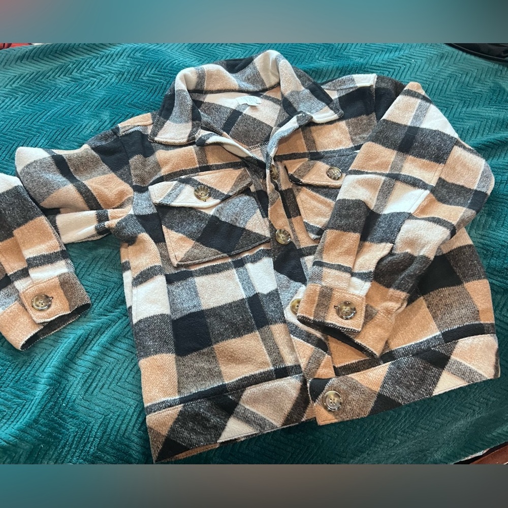 Time & True Plaid Shacket Pockets Black,Tan,&White Cottagecore Whimsy Urban - Picture 10 of 11